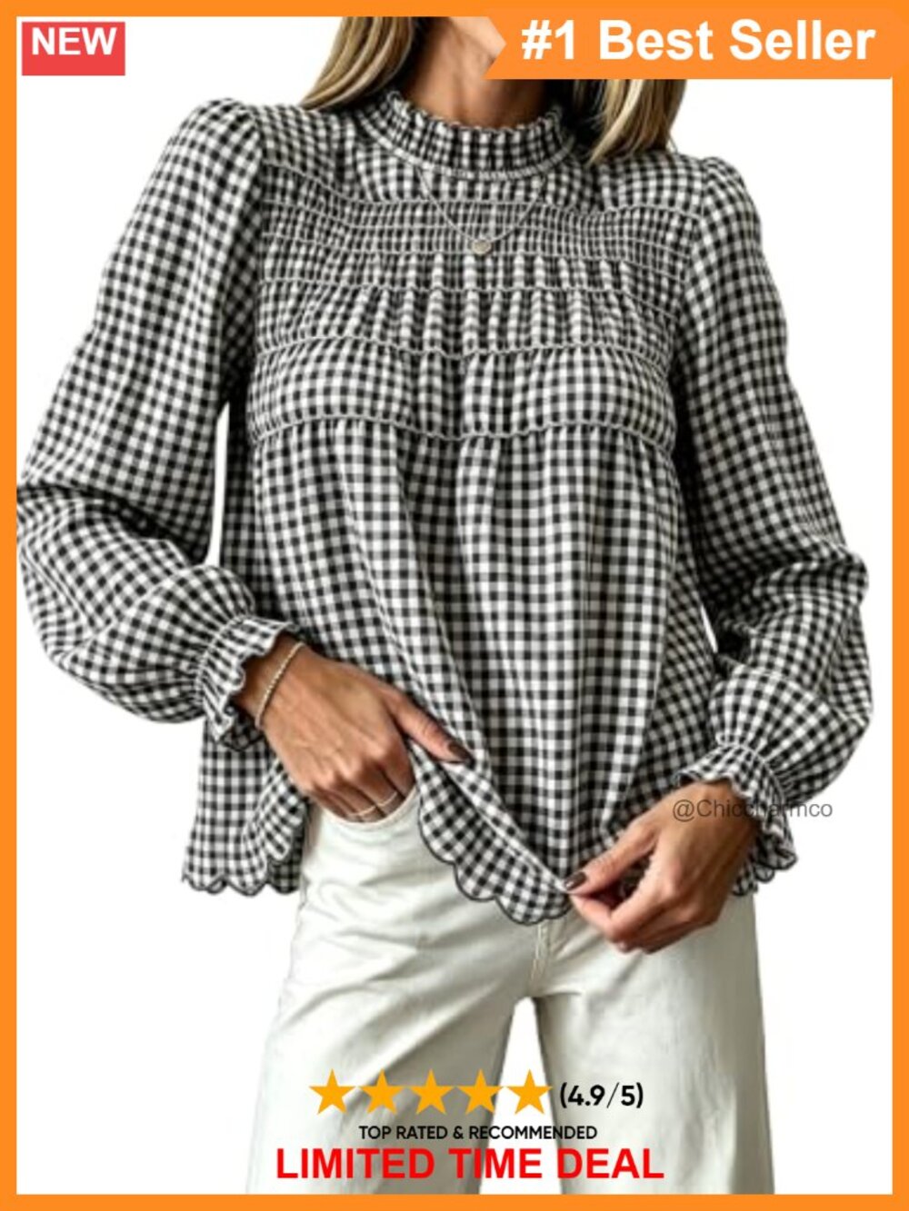 100% Cotton Gingham Smocked Blouse Long Sleeve Babydoll Top